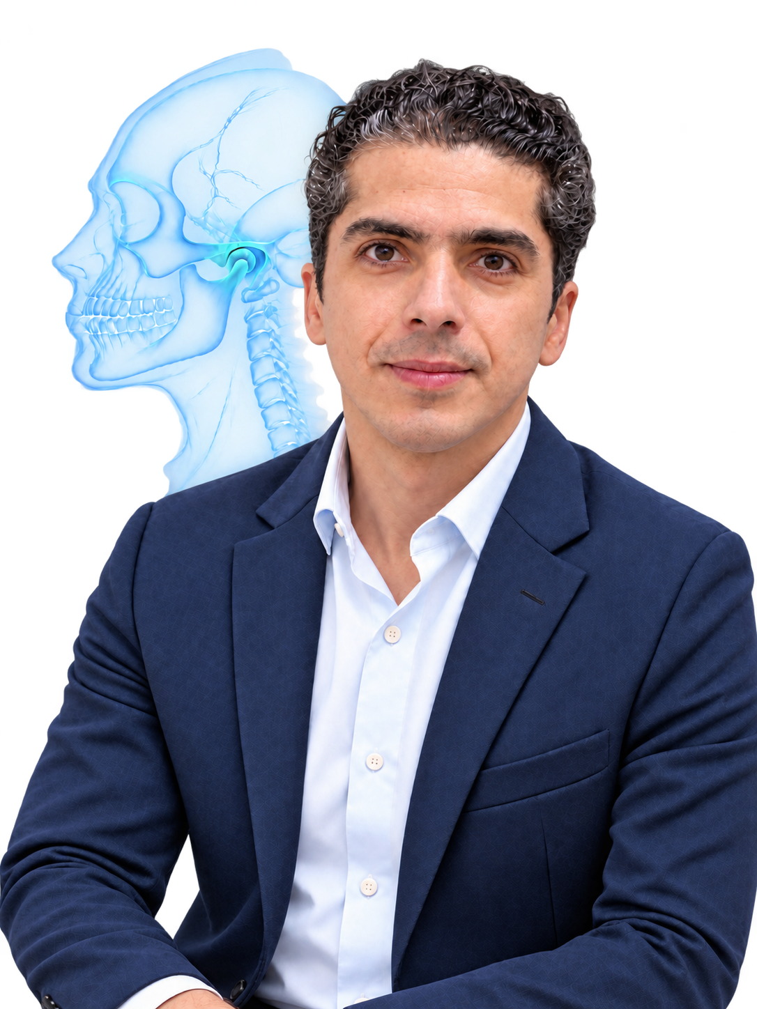 Dr. Randy Marcos com ilustração anatômica da articulação temporomandibular